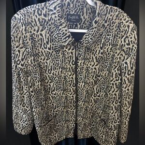 MARY MCFADDEN STUDIO ANIMAL PRINT JKT SIZE  2XL LOGO ZIPPER PKTS SHOULDER PADS